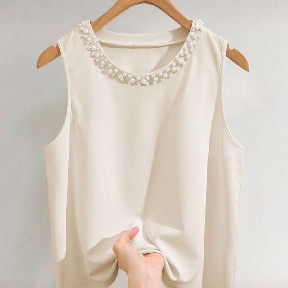 Sleeveless Pearl-Embellished Ivory Top